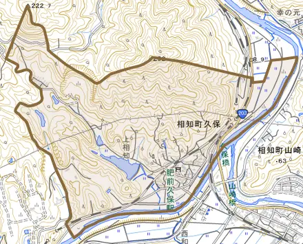 相知町久保とその周辺の地図。町の範囲を重ねている