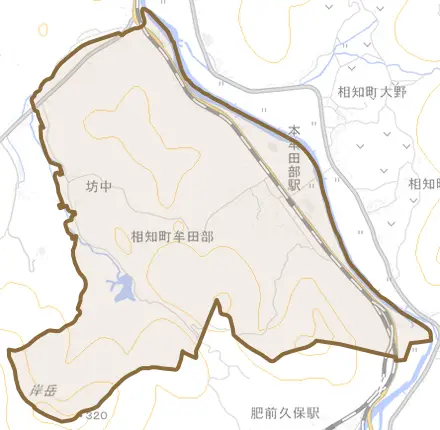 相知町牟田部とその周辺の地図。町の範囲を重ねている