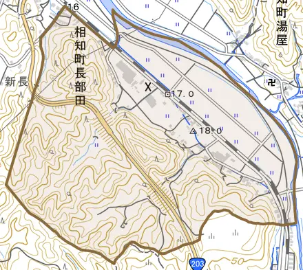 相知町長部田とその周辺の地図。町の範囲を重ねている