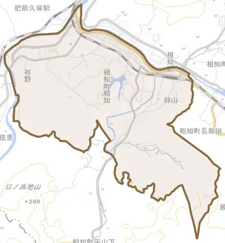 相知町相知とその周辺の地図。町の範囲を重ねている