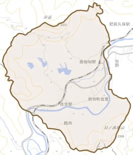 相知町佐里とその周辺の地図。町の範囲を重ねている