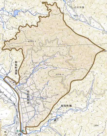 相知町田頭とその周辺の地図。町の範囲を重ねている
