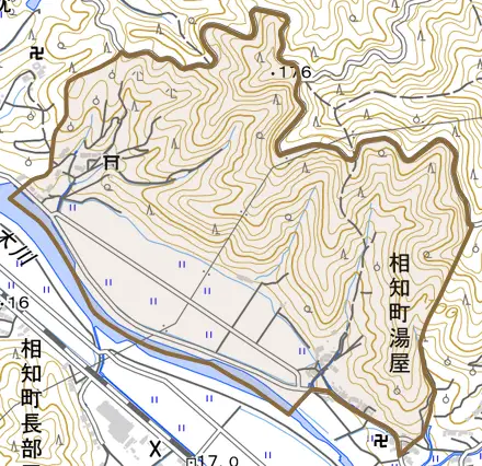 相知町湯屋とその周辺の地図。町の範囲を重ねている