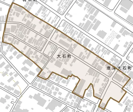 大石町とその周辺の地図。町の範囲を重ねている