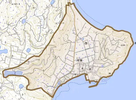 相賀とその周辺の地図。町の範囲を重ねている