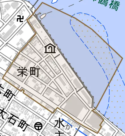 栄町とその周辺の地図。町の範囲を重ねている