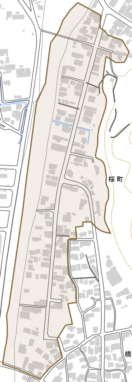 桜町とその周辺の地図。町の範囲を重ねている