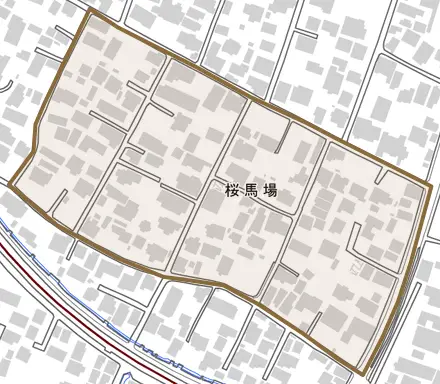 桜馬場とその周辺の地図。町の範囲を重ねている