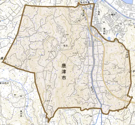 佐志とその周辺の地図。町の範囲を重ねている