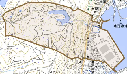 佐志浜町とその周辺の地図。町の範囲を重ねている