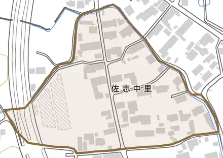 佐志中里とその周辺の地図。町の範囲を重ねている