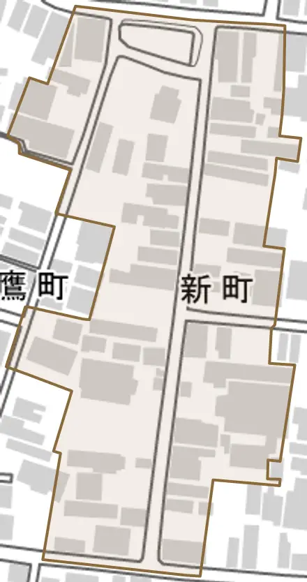 新町とその周辺の地図。町の範囲を重ねている