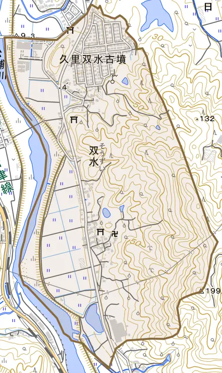 双水とその周辺の地図。町の範囲を重ねている