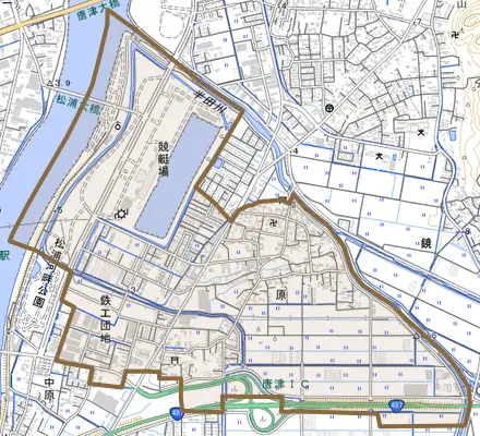 原とその周辺の地図。町の範囲を重ねている