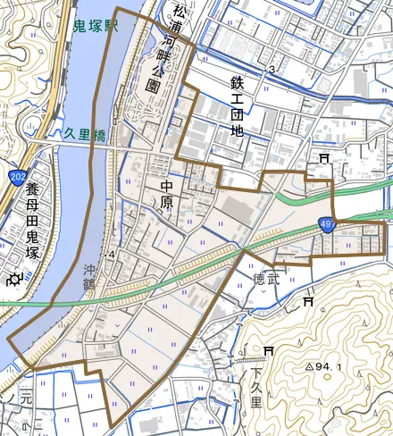 中原とその周辺の地図。町の範囲を重ねている