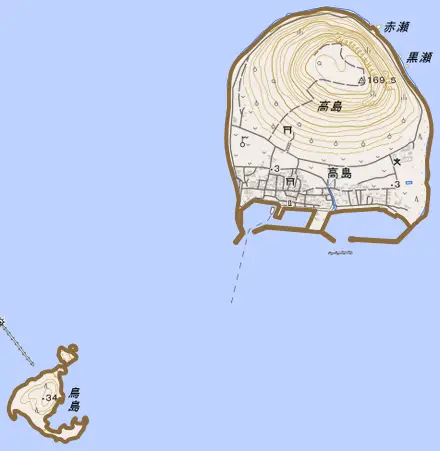 高島とその周辺の地図。町の範囲を重ねている
