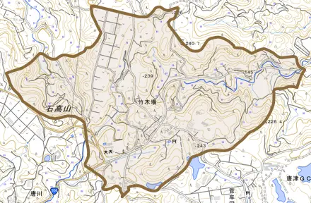 竹木場とその周辺の地図。町の範囲を重ねている