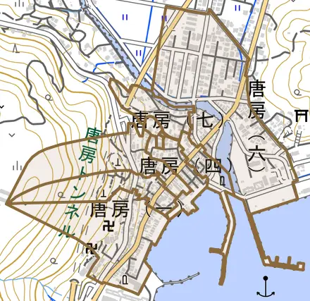 唐房とその周辺の地図。町の範囲を重ねている
