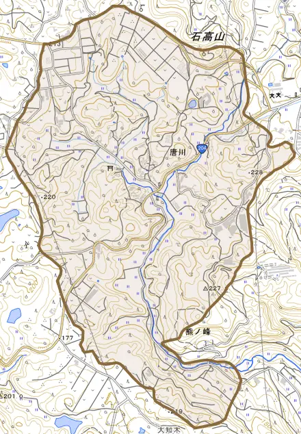 唐川とその周辺の地図。町の範囲を重ねている