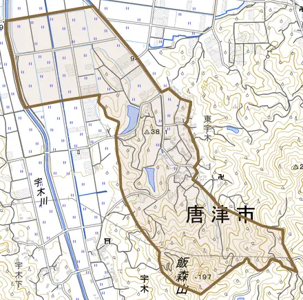 宇木とその周辺の地図。町の範囲を重ねている