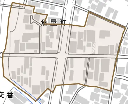 魚屋町とその周辺の地図。町の範囲を重ねている