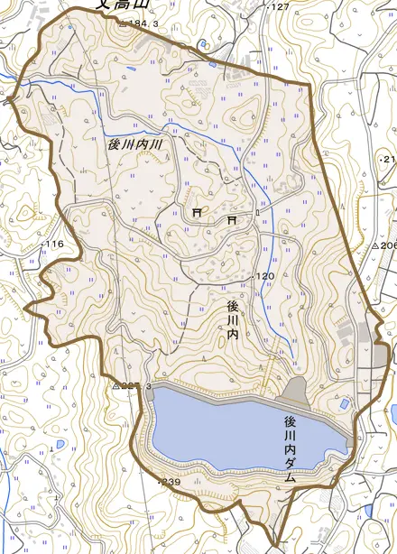 後川内とその周辺の地図。町の範囲を重ねている