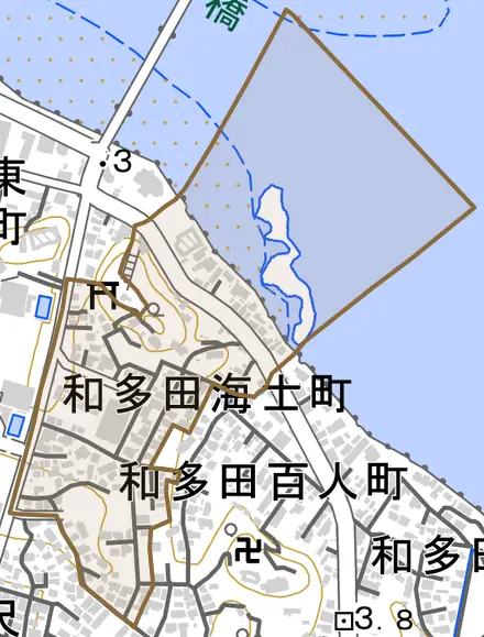 和多田海士町とその周辺の地図。町の範囲を重ねている