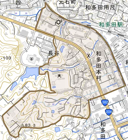 和多田本村とその周辺の地図。町の範囲を重ねている