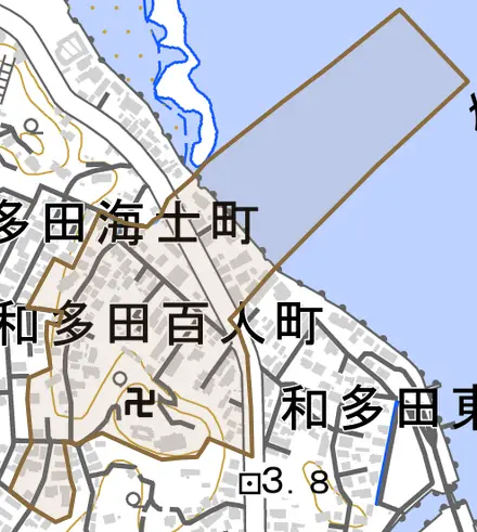 和多田百人町とその周辺の地図。町の範囲を重ねている