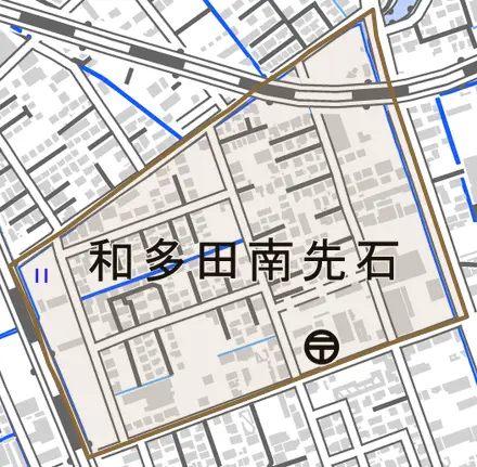 和多田南先石とその周辺の地図。町の範囲を重ねている