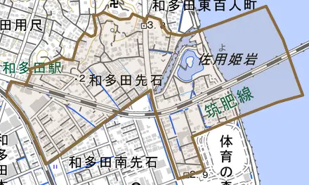 和多田先石とその周辺の地図。町の範囲を重ねている