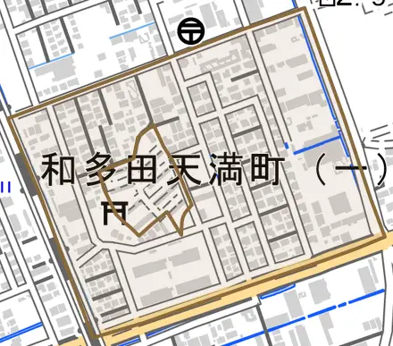 和多田天満町とその周辺の地図。町の範囲を重ねている