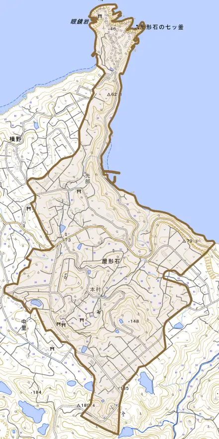 屋形石とその周辺の地図。町の範囲を重ねている