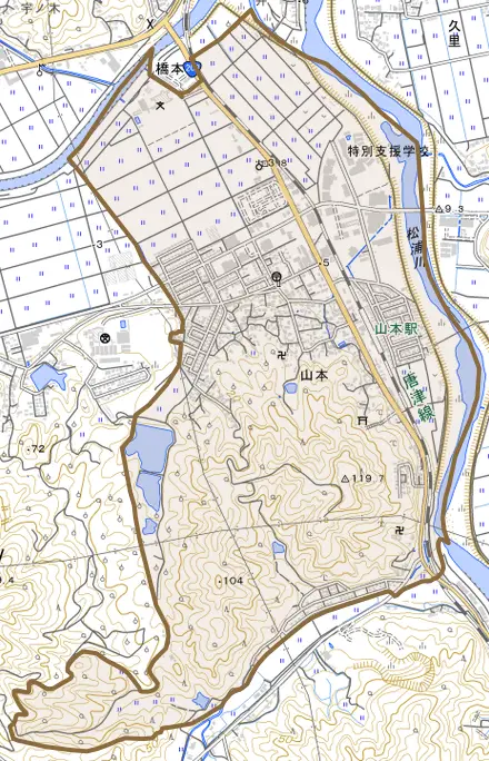 山本とその周辺の地図。町の範囲を重ねている
