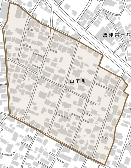 山下町とその周辺の地図。町の範囲を重ねている