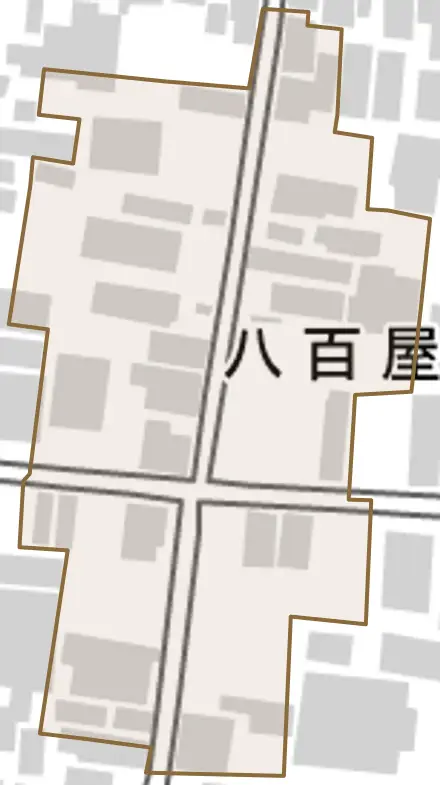 八百屋町とその周辺の地図。町の範囲を重ねている
