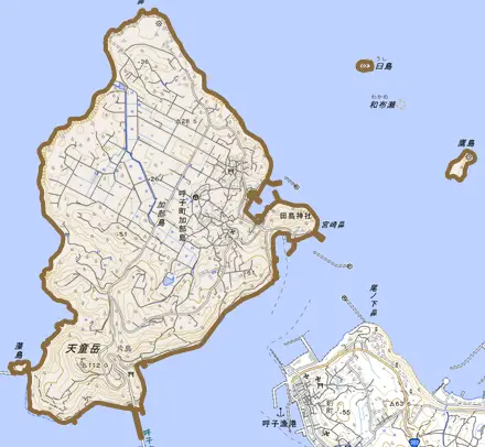 呼子町加部島とその周辺の地図。町の範囲を重ねている