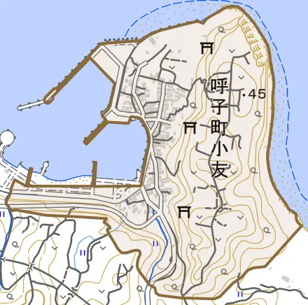 呼子町小友とその周辺の地図。町の範囲を重ねている