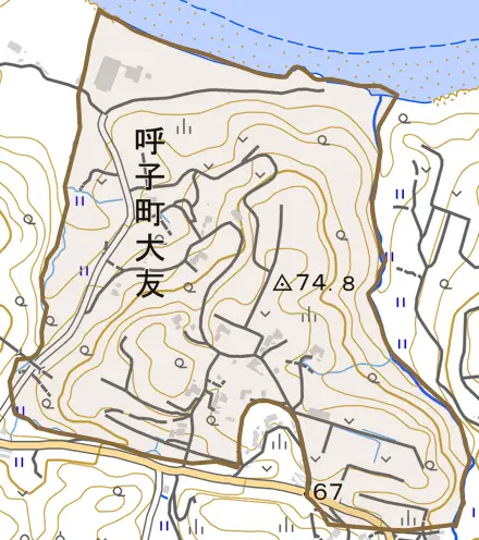呼子町大友とその周辺の地図。町の範囲を重ねている
