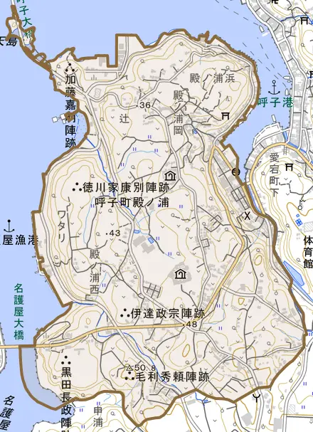 呼子町殿ノ浦とその周辺の地図。町の範囲を重ねている