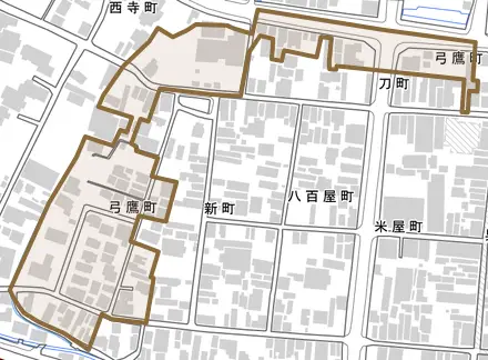 弓鷹町とその周辺の地図。町の範囲を重ねている