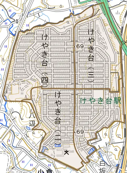 けやき台とその周辺の地図。町の範囲を重ねている