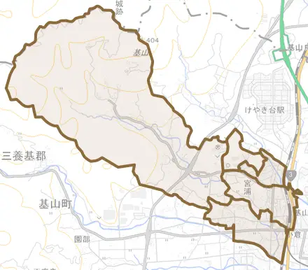 大字宮浦とその周辺の地図。町の範囲を重ねている