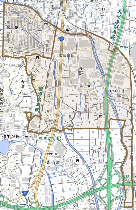 大字長野とその周辺の地図。町の範囲を重ねている