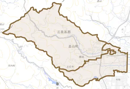 大字園部とその周辺の地図。町の範囲を重ねている
