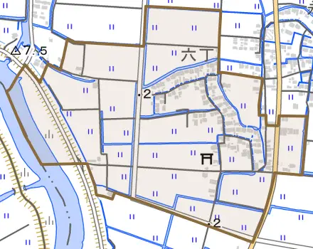 芦刈町永田とその周辺の地図。町の範囲を重ねている
