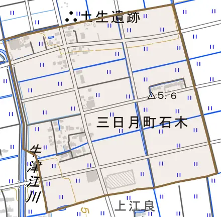 三日月町石木とその周辺の地図。町の範囲を重ねている