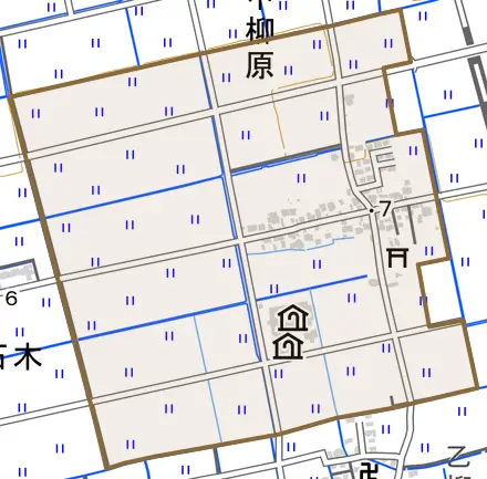三日月町甲柳原とその周辺の地図。町の範囲を重ねている