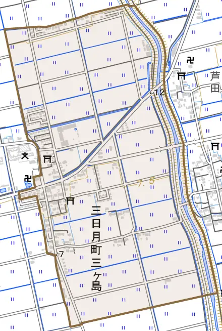 三日月町三ヶ島とその周辺の地図。町の範囲を重ねている