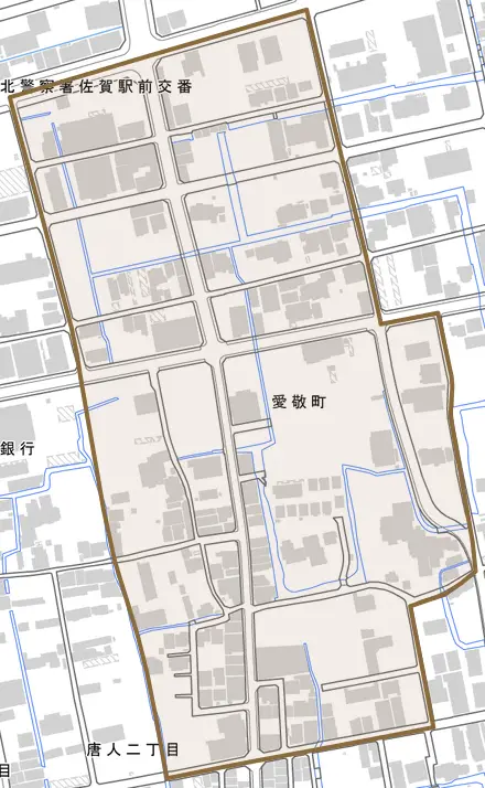 愛敬町とその周辺の地図。町の範囲を重ねている